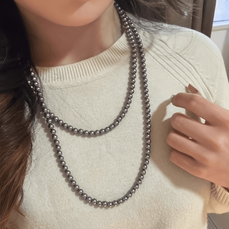 2pc Classic Gray Australian White Long Glass Necklace Set
